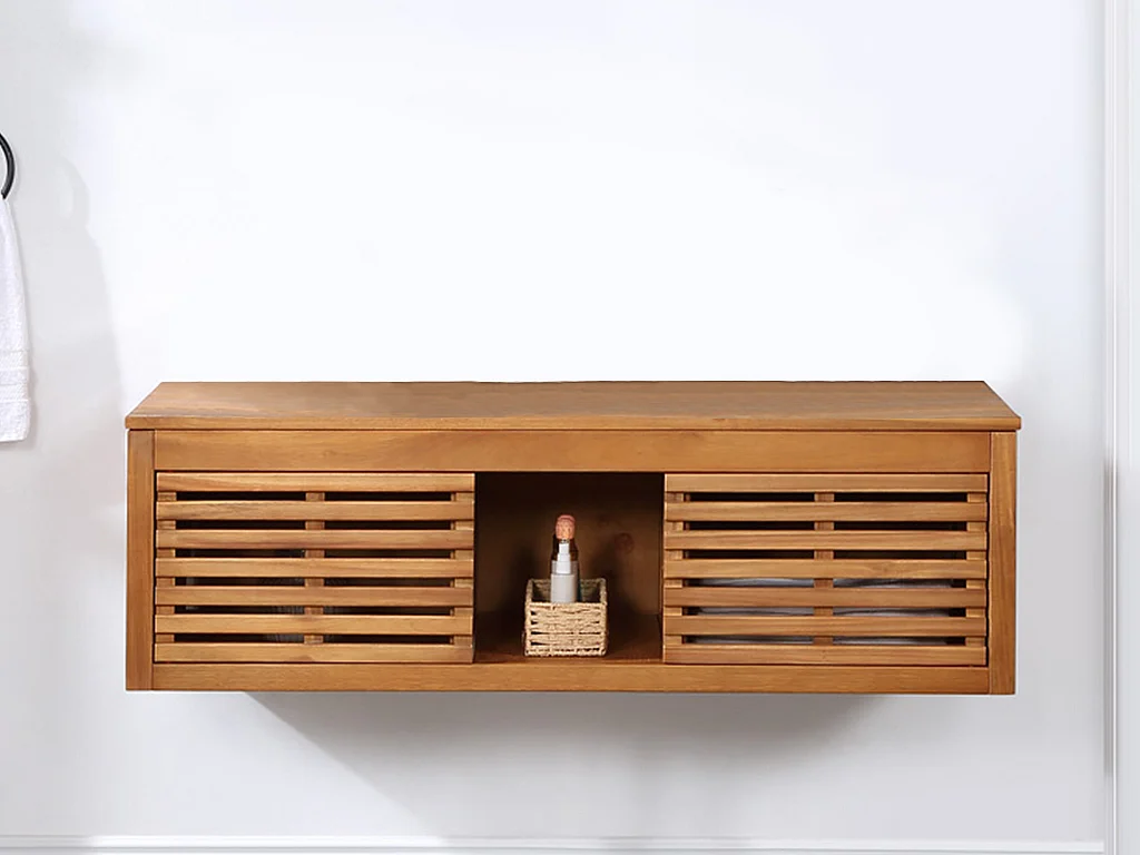 Meuble de salle de bain suspendu en bois d'acacia avec double vasque - 130 cm  - PENEBEL