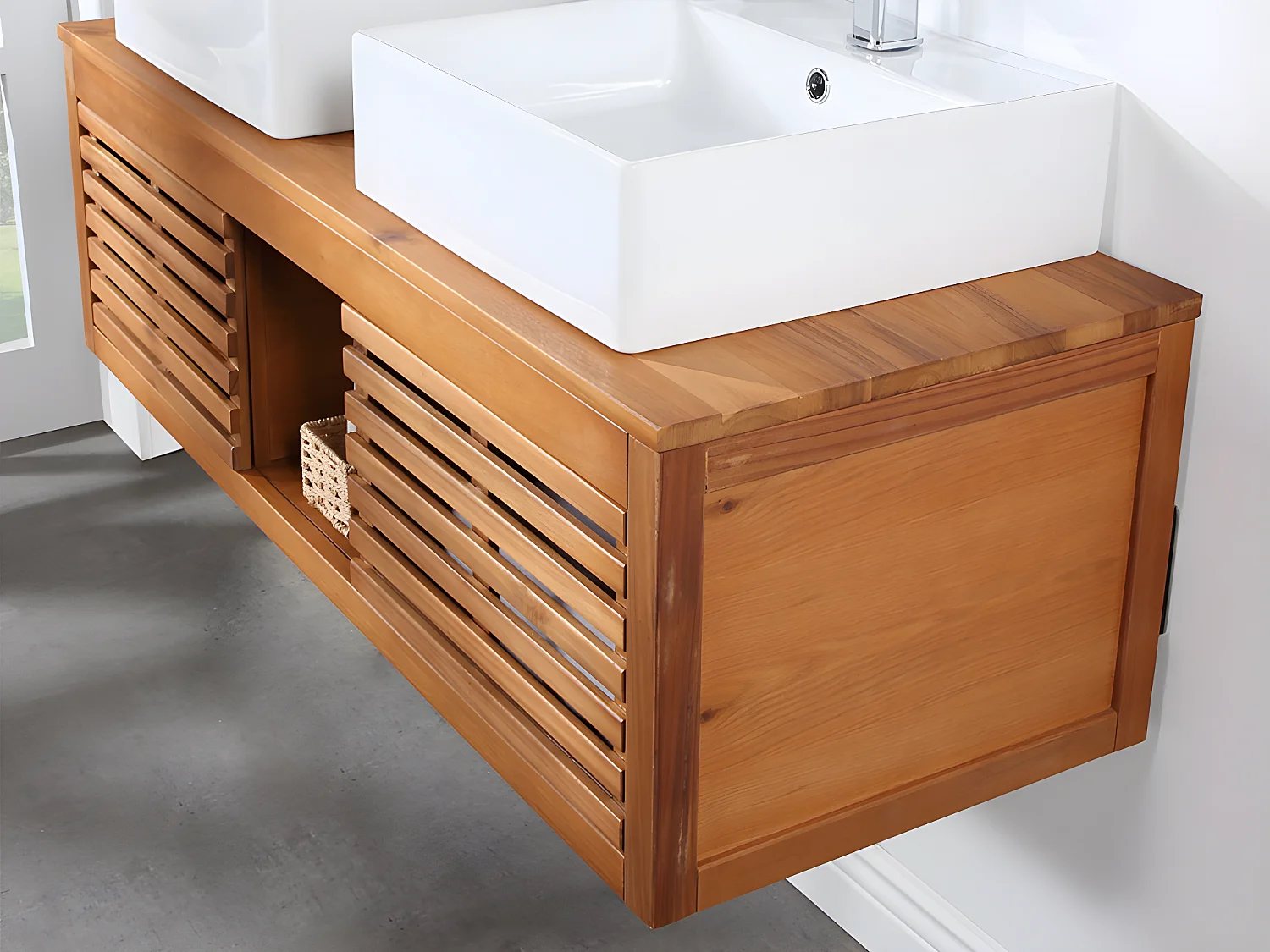 Meuble de salle de bain suspendu en bois d'acacia avec double vasque - 130 cm  - PENEBEL