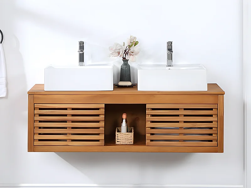 Meuble de salle de bain suspendu en bois d'acacia avec double vasque - 130 cm  - PENEBEL