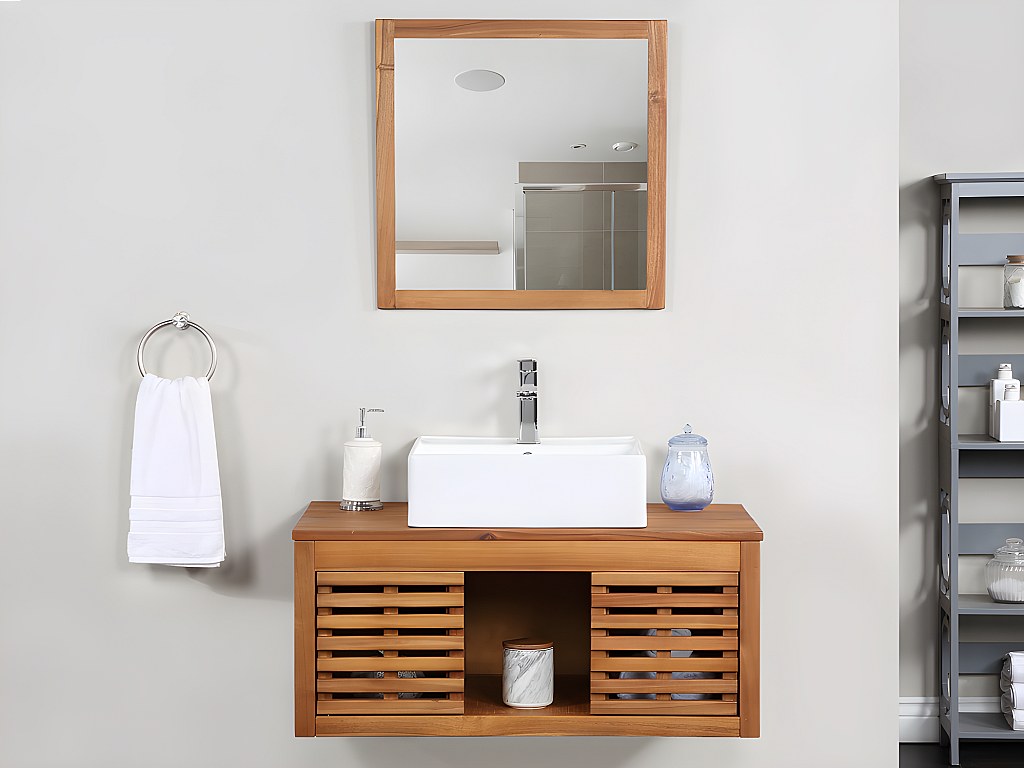 Waschbeckenunterschrank hängend mit Einzelwaschbecken + Spiegel - Akazienholz - 90 cm - PENEBEL
