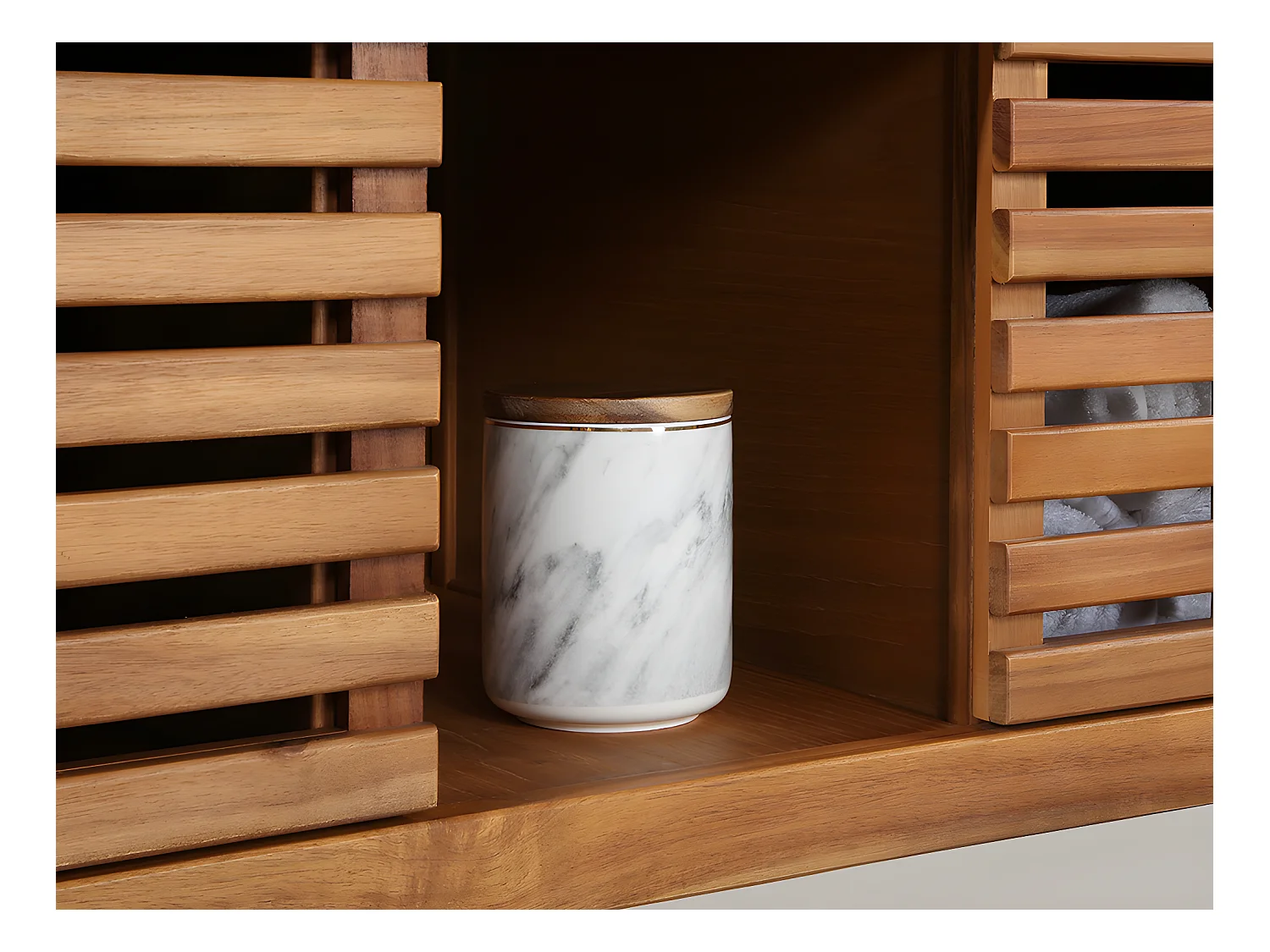 Upphängd badrumsmöbel i akaciatiträ med enkla handfat och spegel - 90 cm - PENEBEL