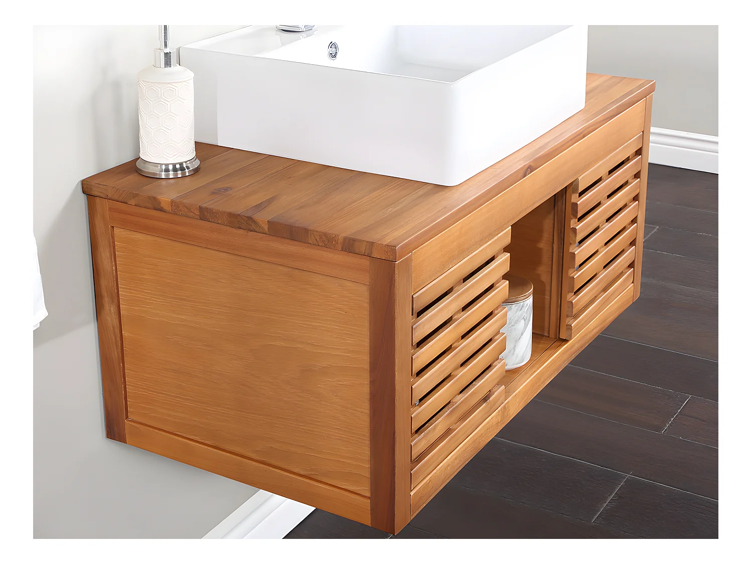 Upphängd badrumsmöbel i akaciatiträ med enkla handfat och spegel - 90 cm - PENEBEL