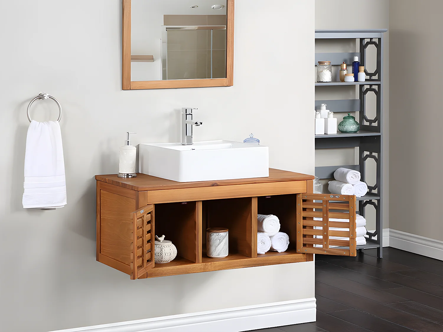 Upphängd badrumsmöbel i akaciatiträ med enkla handfat och spegel - 90 cm - PENEBEL