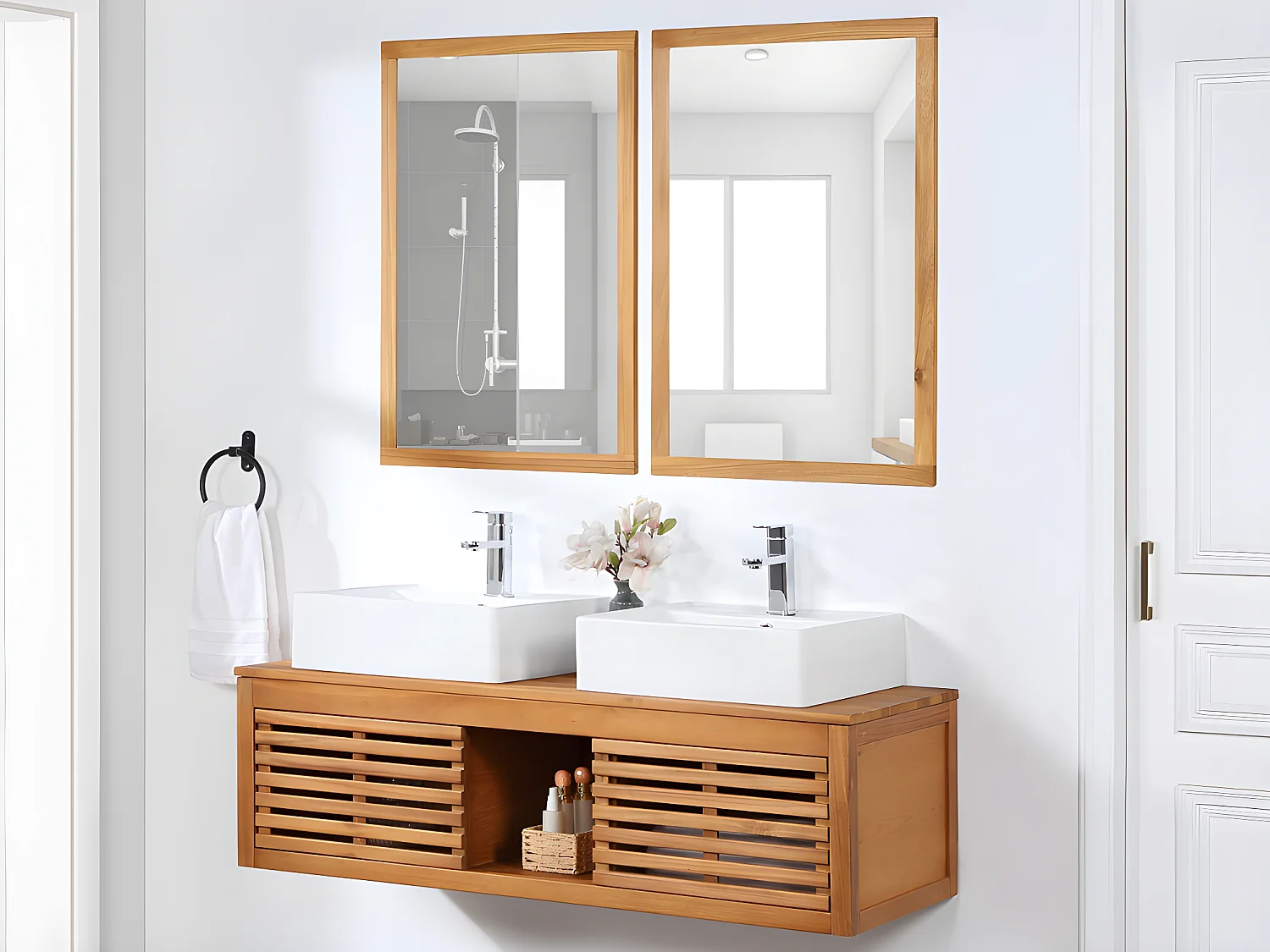 Meuble de salle de bain suspendu en bois d'acacia avec double vasque et miroirs - 130 cm  - PENEBEL