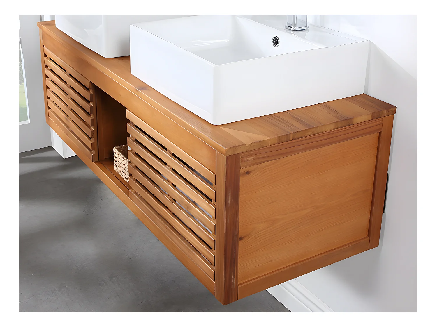 Mueble de baño suspendido de madera de acacia con doble lavabo y espejos - 130  cm - PENEBEL