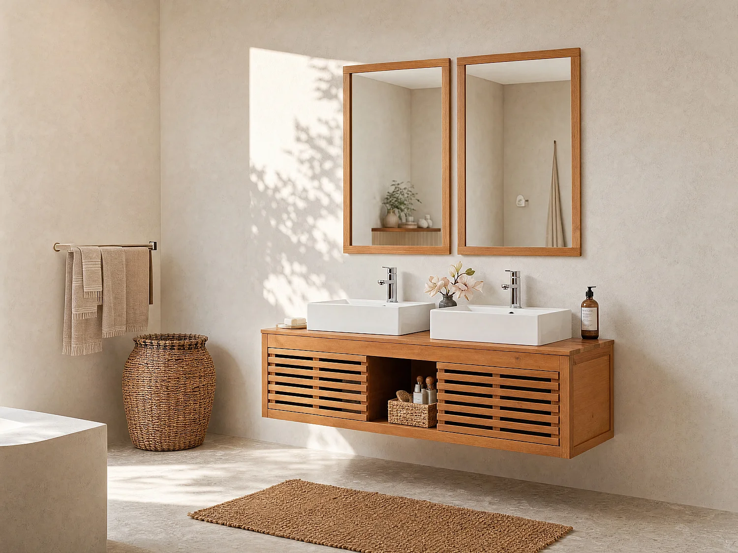Meuble de salle de bain suspendu en bois d'acacia avec double vasque et miroirs - 130 cm  - PENEBEL