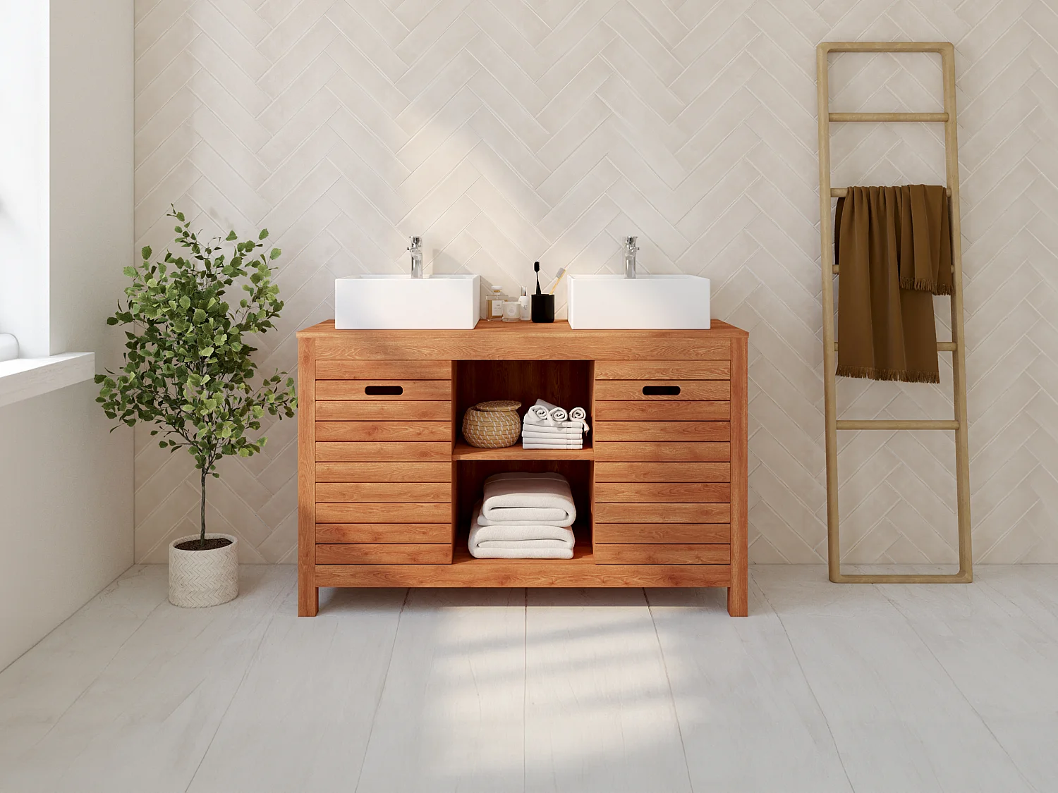 Meuble de salle de bain en bois d'acacia avec double vasque - 130 cm  - PULUKAN