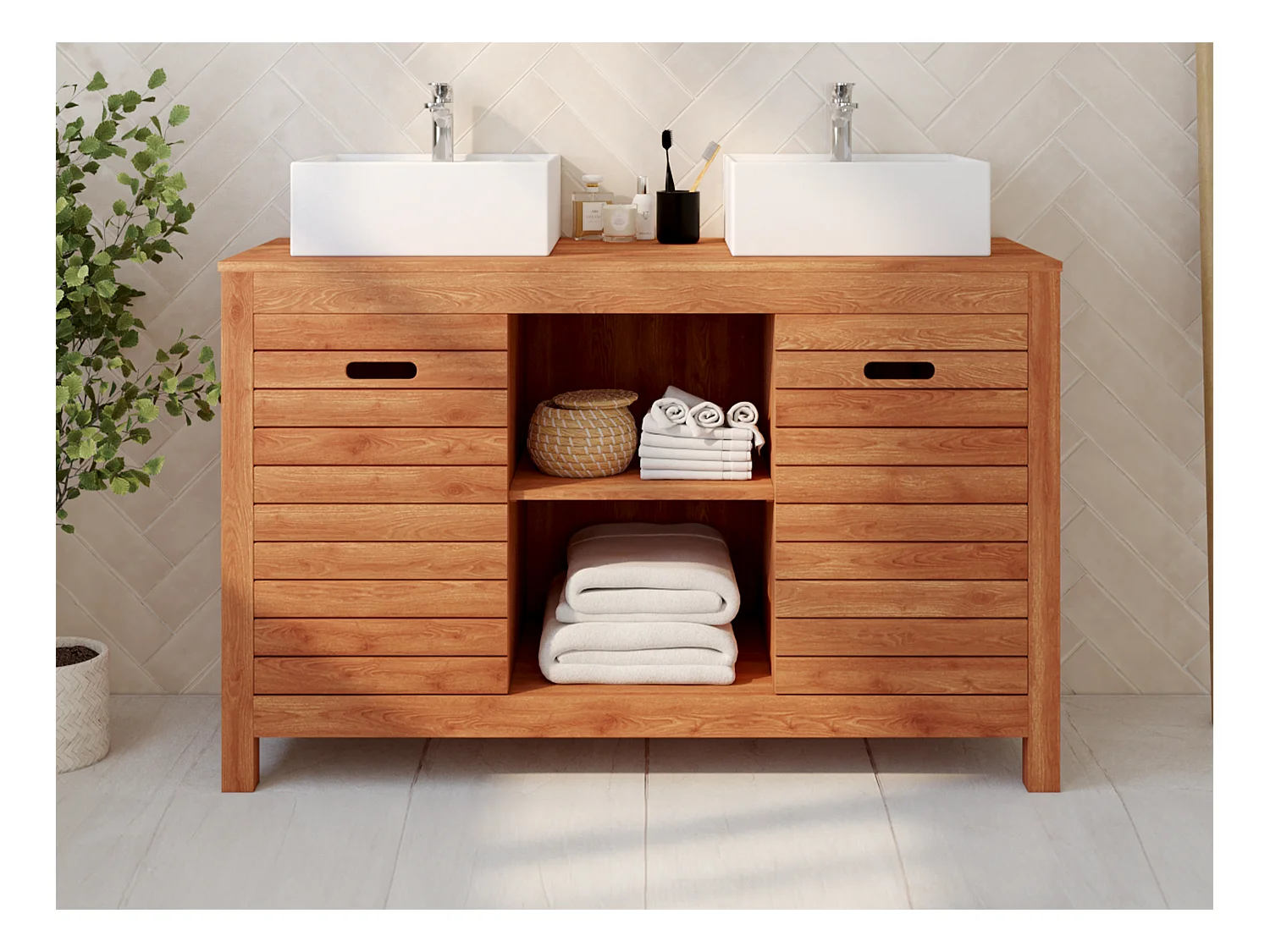 Meuble de salle de bain en bois d'acacia avec double vasque - 130 cm  - PULUKAN