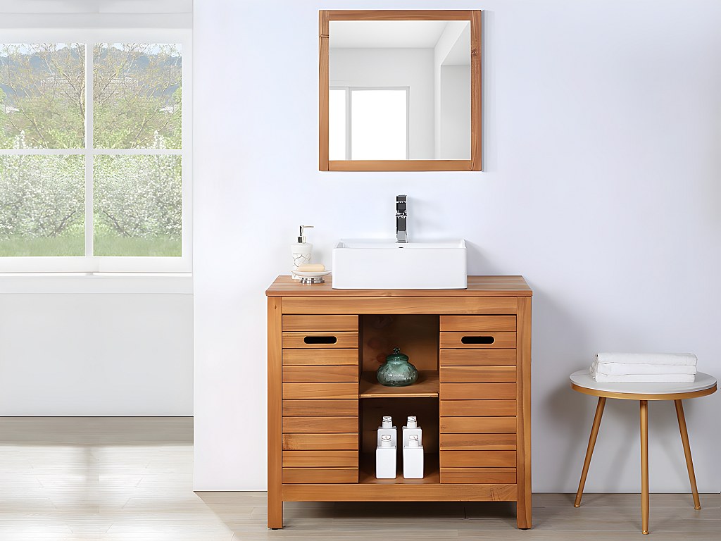Waschbeckenunterschrank mit Einzelwaschbecken + Spiegel - Akazienholz - 90 cm - PULUKAN