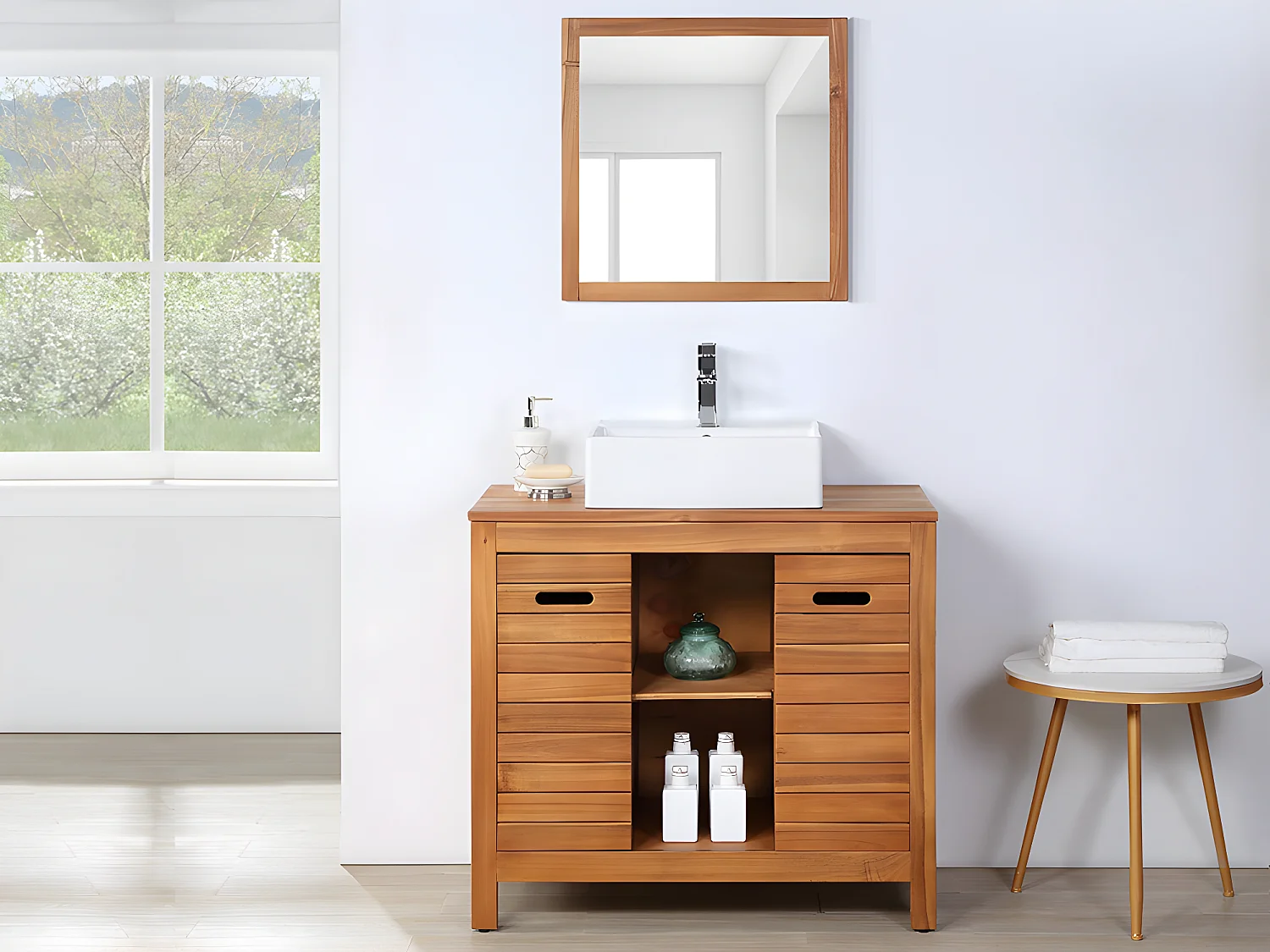Meuble de salle de bain en bois d'acacia avec simple vasque et miroir - 90 cm  - PULUKAN
