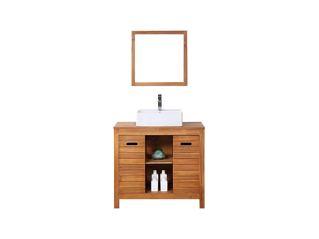 Mobile bagno con lavabo semplice e specchio 90 cm in Legno di acacia - PULUKAN