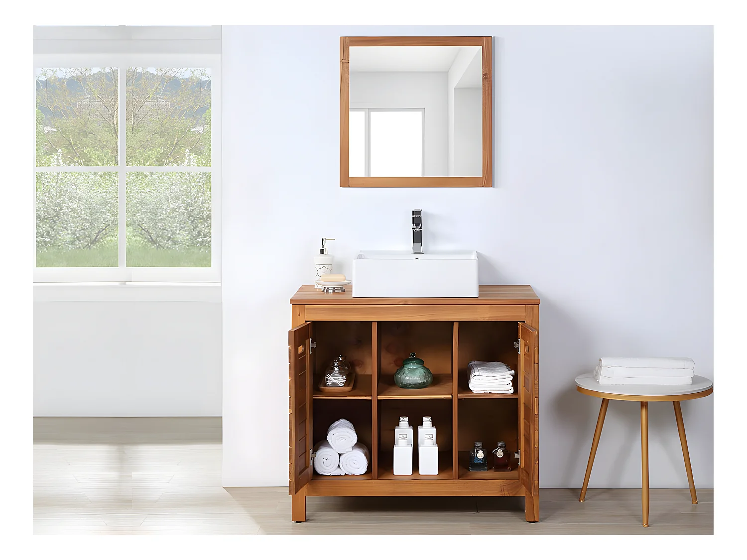 Mobile bagno con lavabo semplice e specchio 90 cm in Legno di acacia - PULUKAN