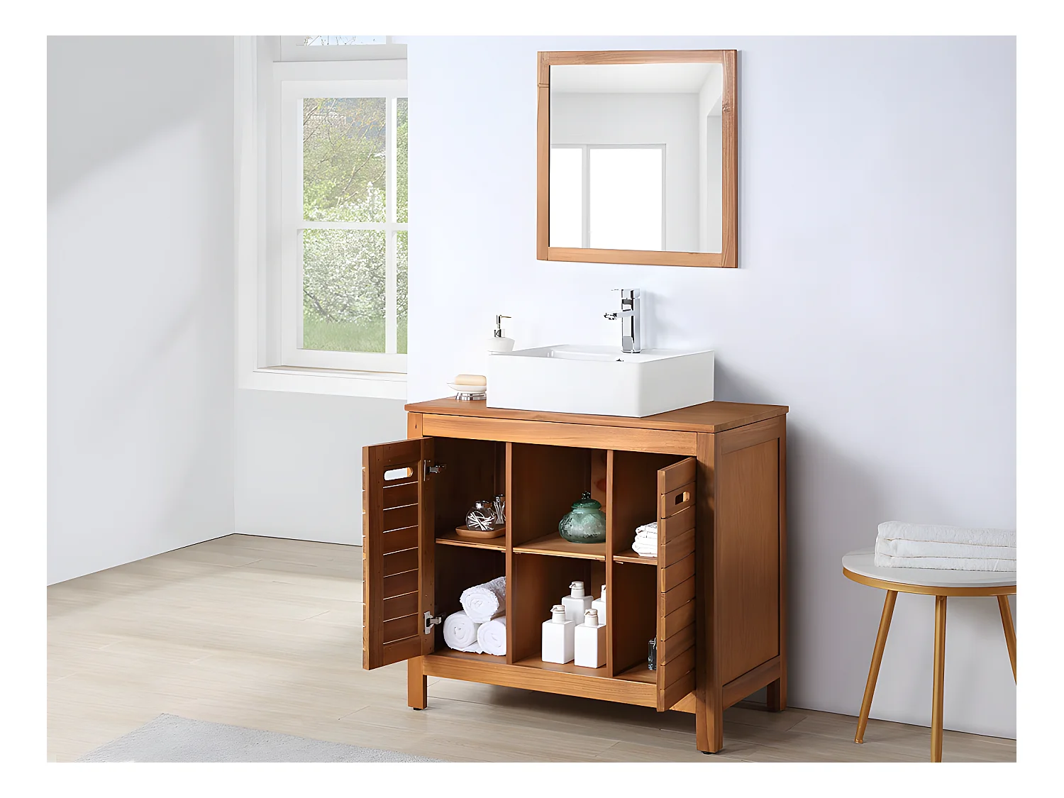 Mobile bagno con lavabo semplice e specchio 90 cm in Legno di acacia - PULUKAN
