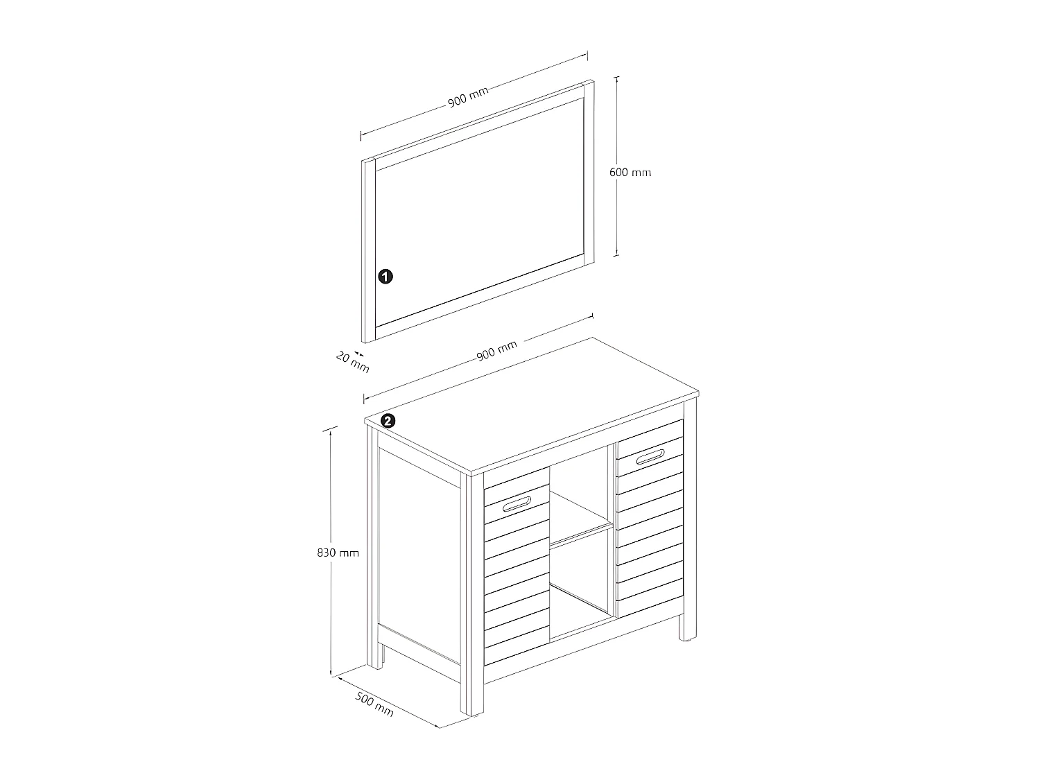 Mobile bagno con lavabo semplice e specchio 90 cm in Legno di acacia - PULUKAN