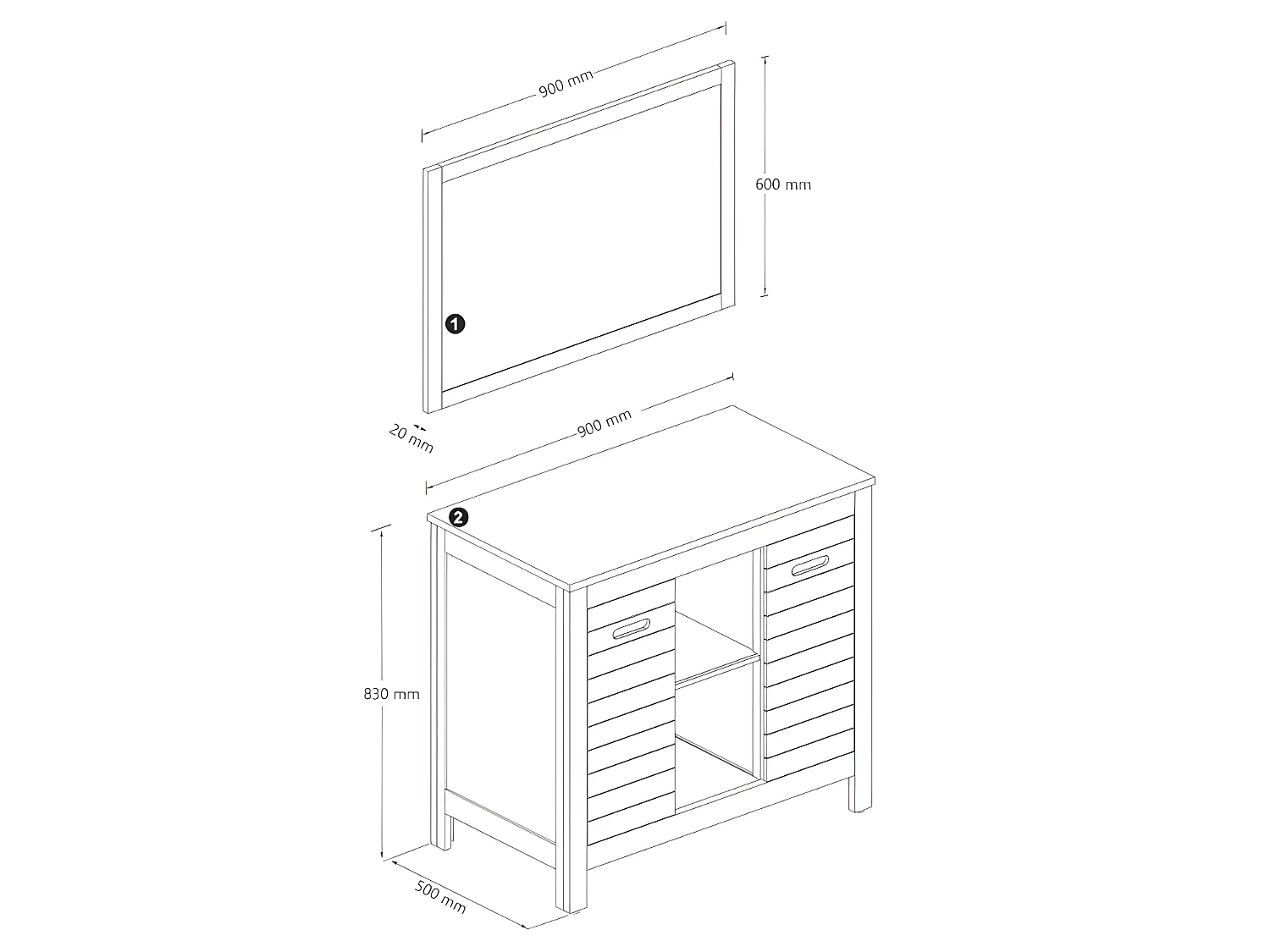 Waschbeckenunterschrank mit Einzelwaschbecken + Spiegel - Akazienholz - 90 cm - PULUKAN