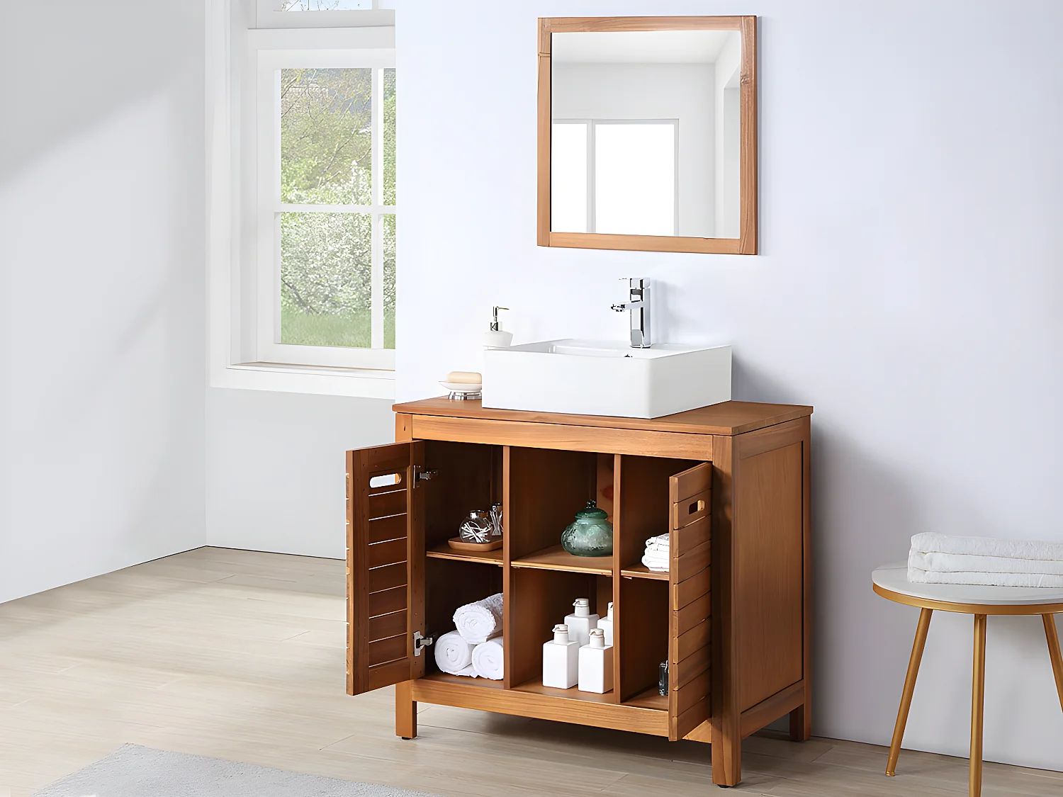 Waschbeckenunterschrank mit Einzelwaschbecken + Spiegel - Akazienholz - 90 cm - PULUKAN