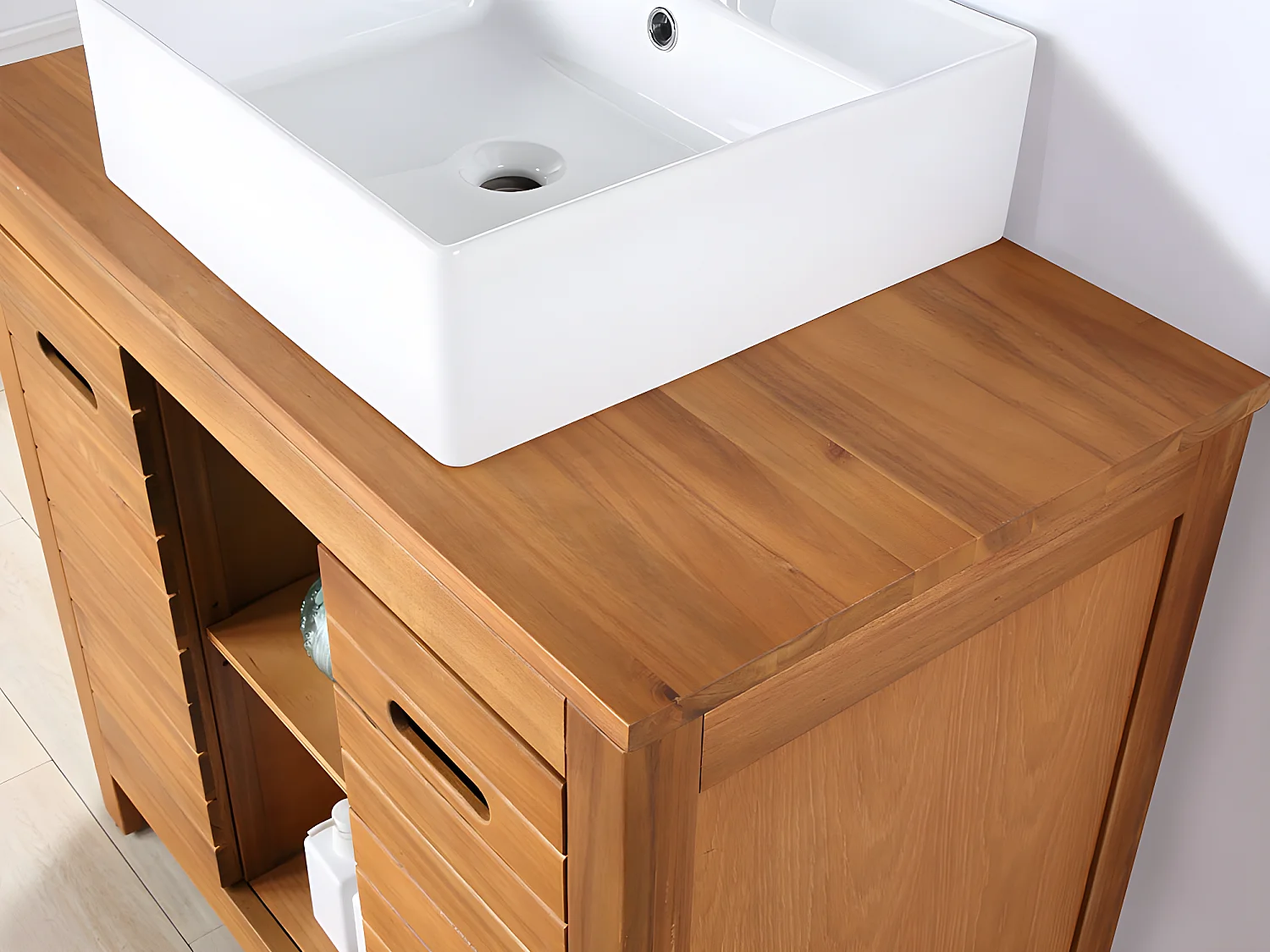 Waschbeckenunterschrank mit Einzelwaschbecken + Spiegel - Akazienholz - 90 cm - PULUKAN