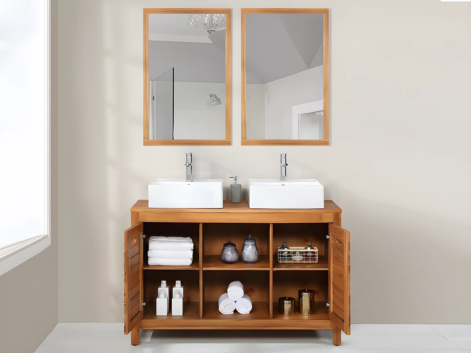 Meuble de salle de bain en bois d'acacia avec double vasque et miroirs - 130 cm  - PULUKAN