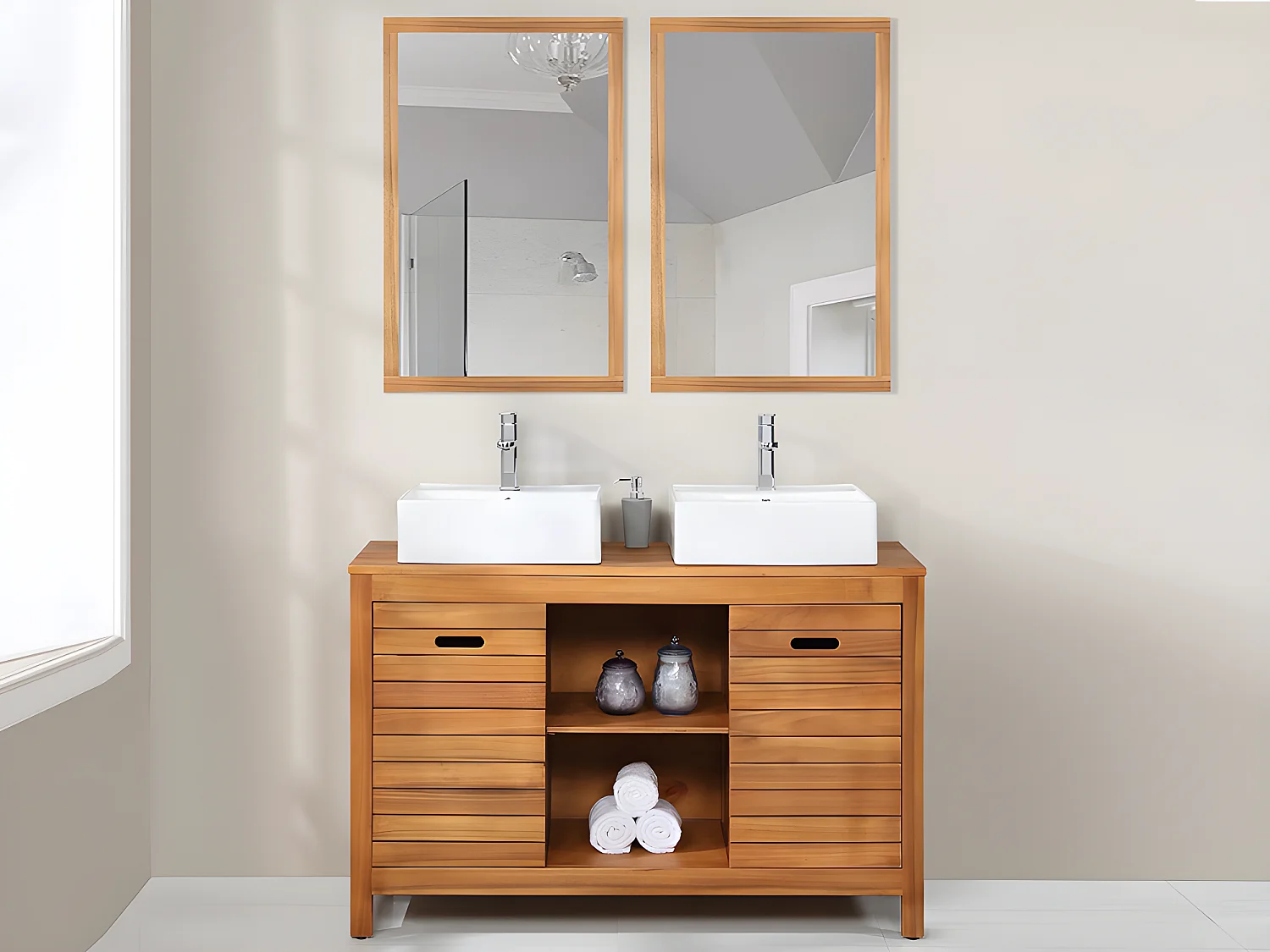 Meuble de salle de bain en bois d'acacia avec double vasque et miroirs - 130 cm  - PULUKAN