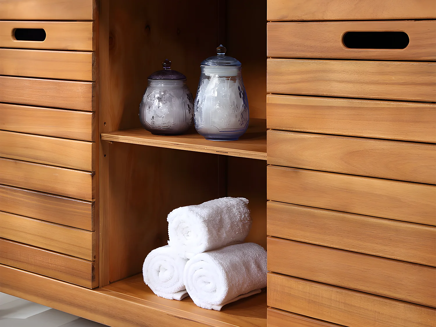 Meuble de salle de bain en bois d'acacia avec double vasque et miroirs - 130 cm  - PULUKAN