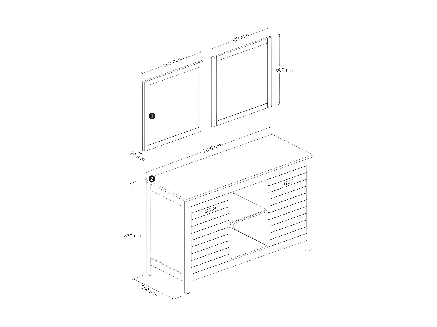 Waschbeckenunterschrank mit Doppelwaschbecken und Spiegeln - Akazienholz - 130 cm - PULUKAN