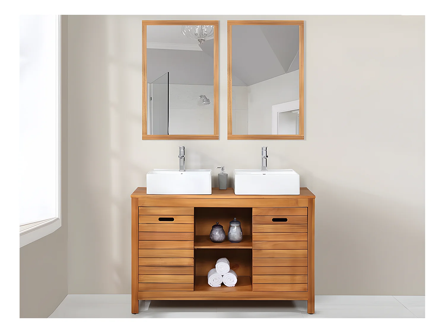 Waschbeckenunterschrank mit Doppelwaschbecken und Spiegeln - Akazienholz - 130 cm - PULUKAN