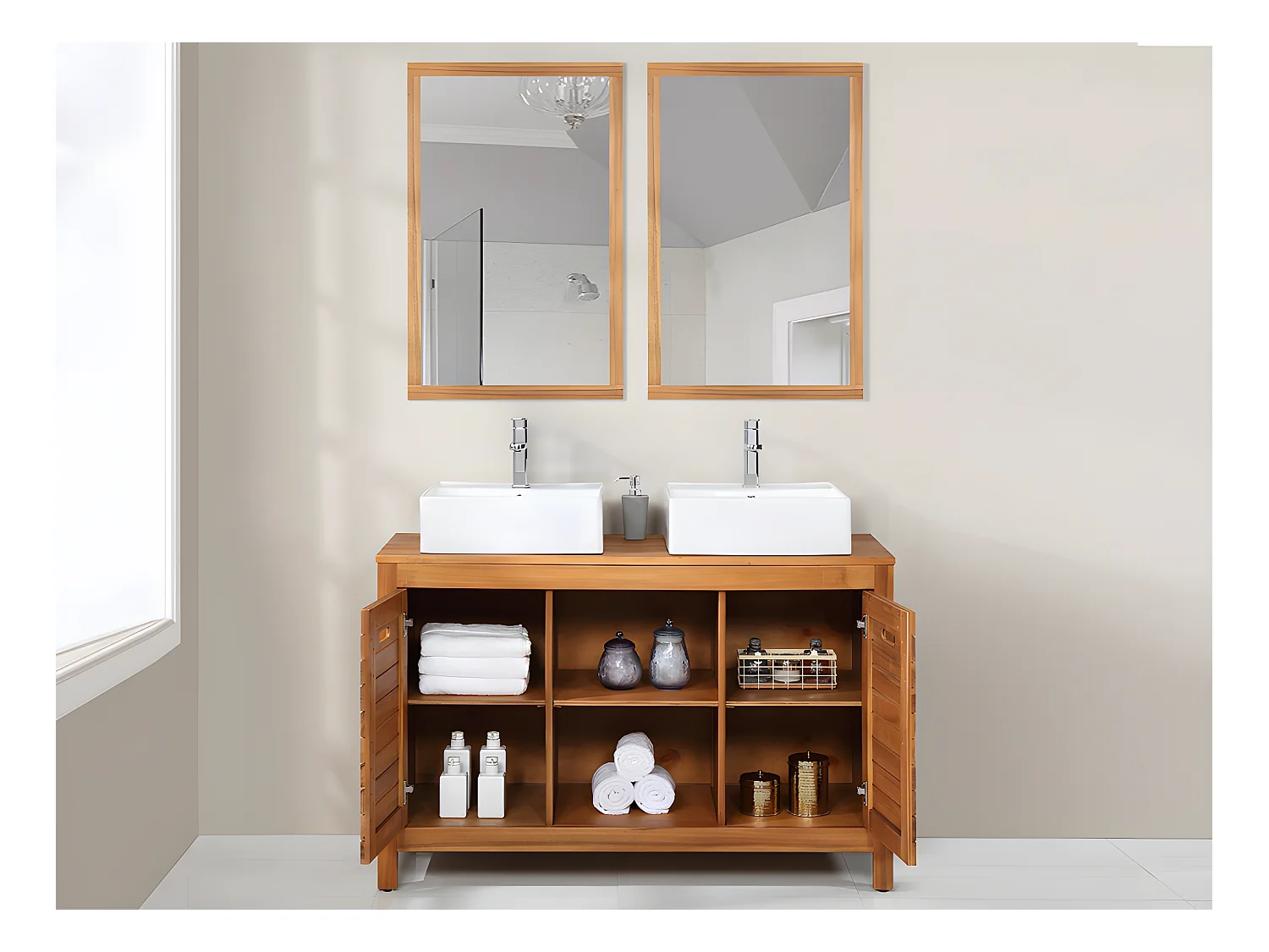 Waschbeckenunterschrank mit Doppelwaschbecken und Spiegeln - Akazienholz - 130 cm - PULUKAN