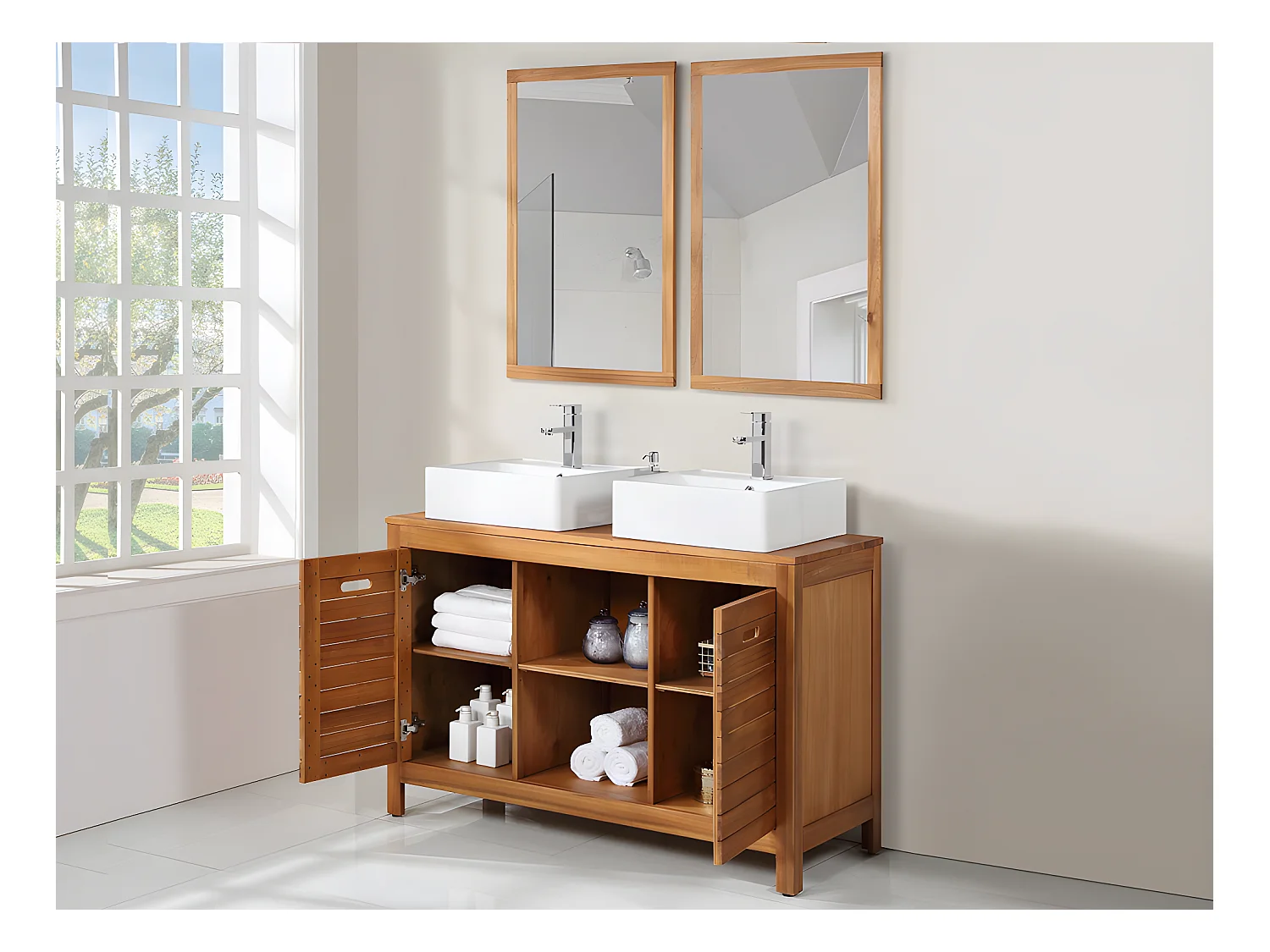 Waschbeckenunterschrank mit Doppelwaschbecken und Spiegeln - Akazienholz - 130 cm - PULUKAN