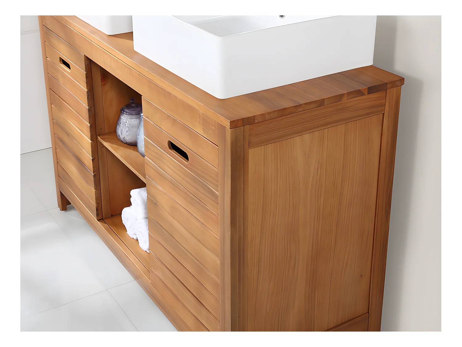 Waschbeckenunterschrank mit Doppelwaschbecken und Spiegeln - Akazienholz - 130 cm - PULUKAN