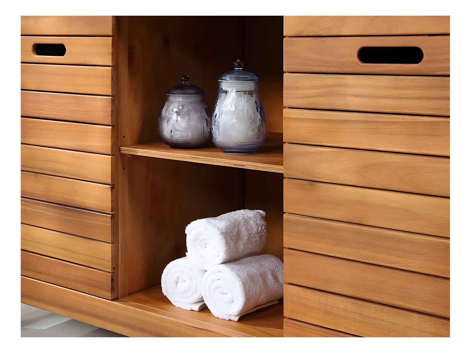 Waschbeckenunterschrank mit Doppelwaschbecken und Spiegeln - Akazienholz - 130 cm - PULUKAN