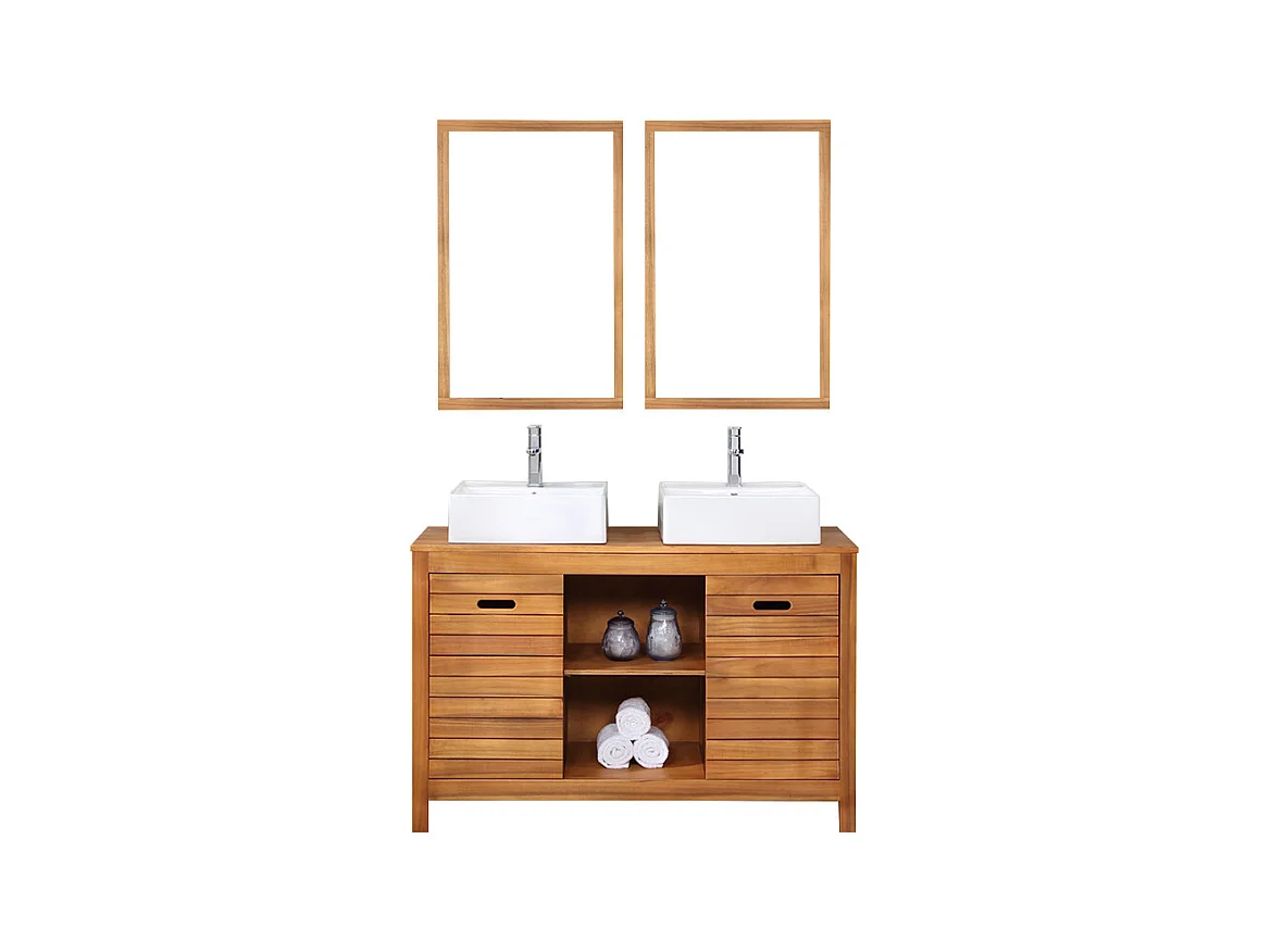 Waschbeckenunterschrank mit Doppelwaschbecken und Spiegeln - Akazienholz - 130 cm - PULUKAN