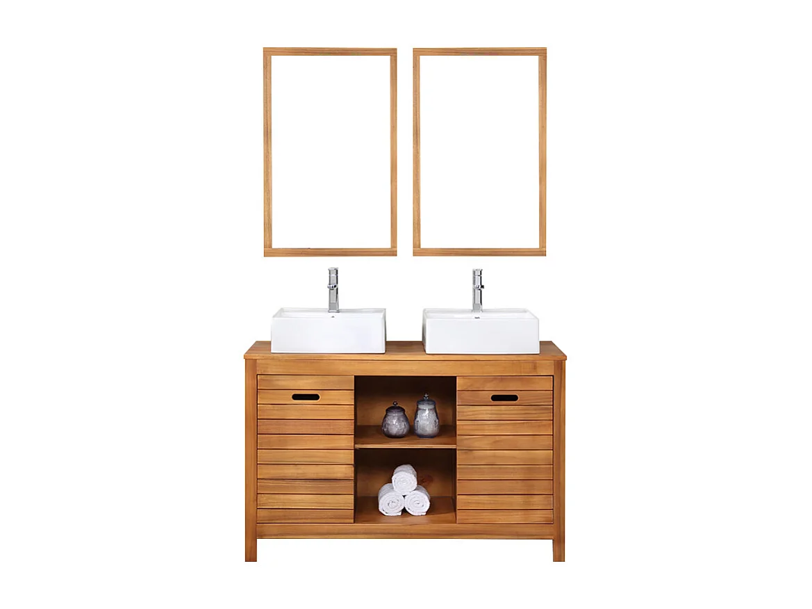 Mueble de baño de madera de acacia con doble lavabo y espejos - 130  cm - PULUKAN