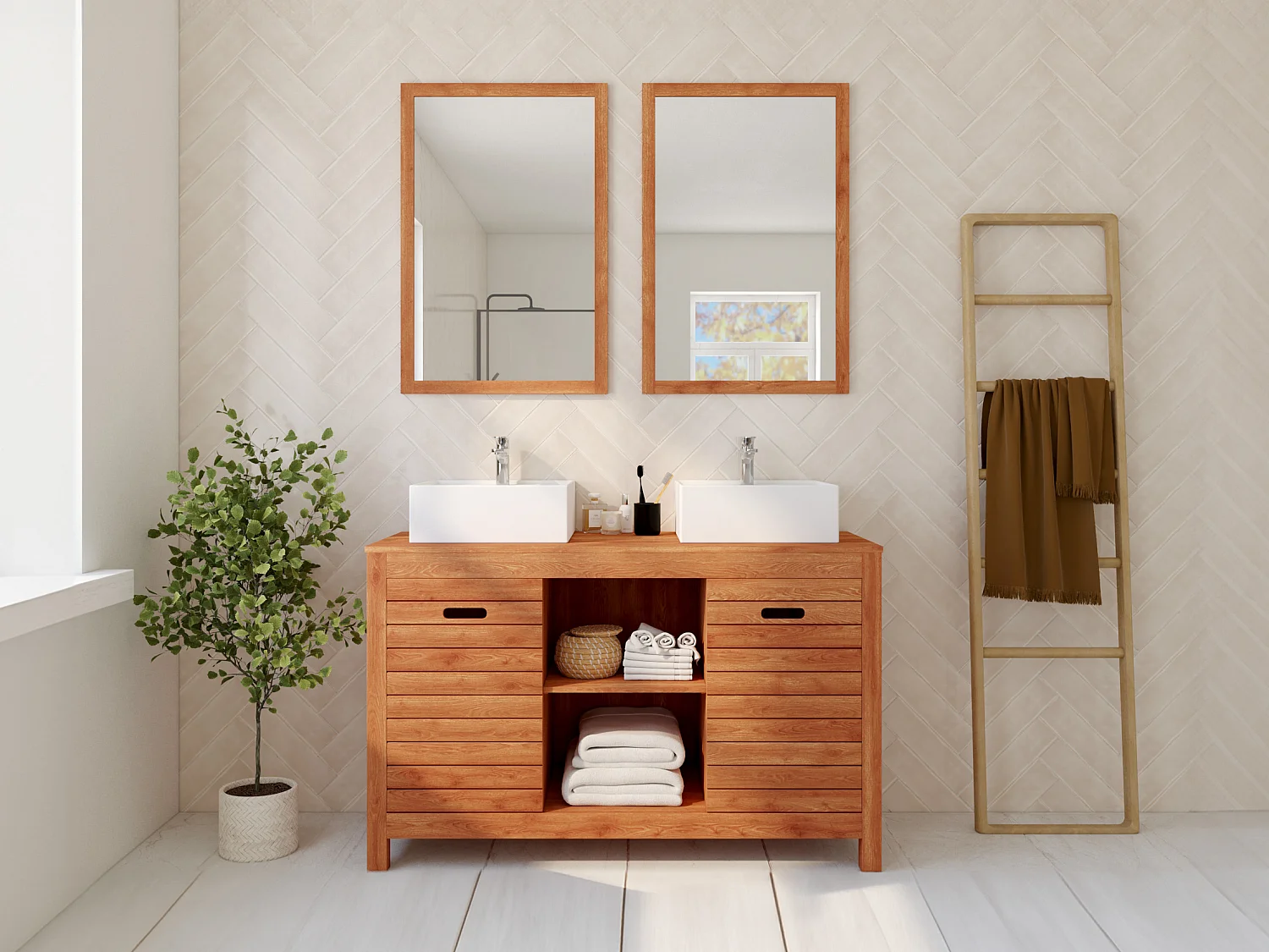 Mueble de baño de madera de acacia con doble lavabo y espejos - 130  cm - PULUKAN