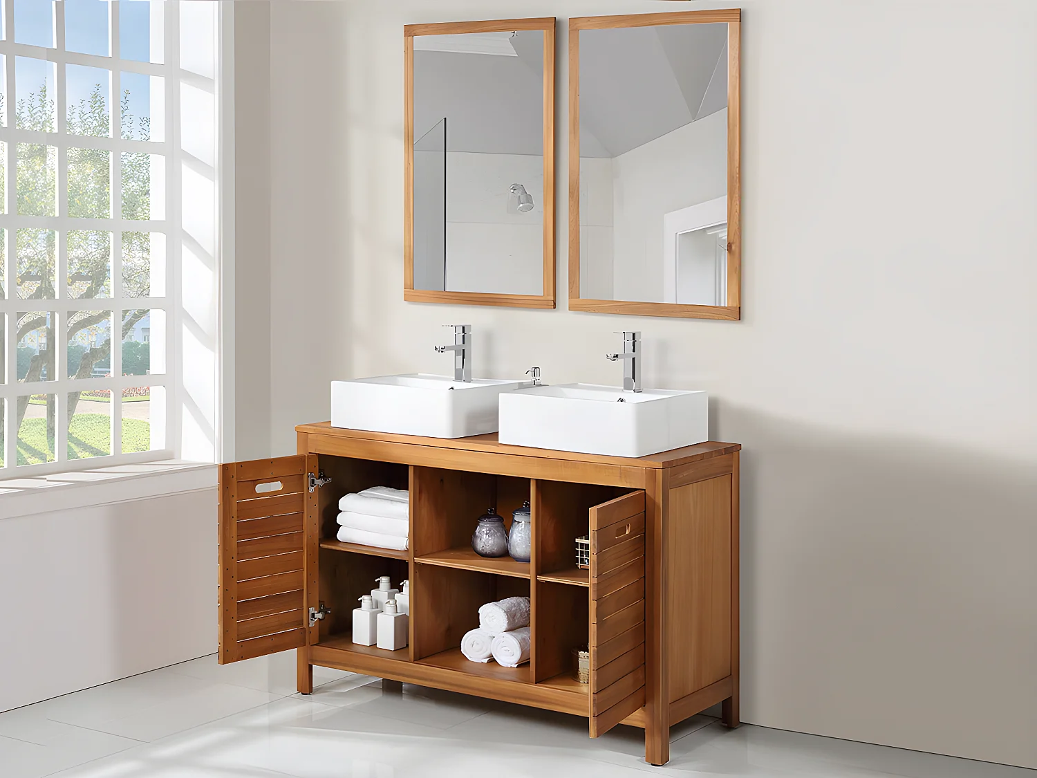 Mueble de baño de madera de acacia con doble lavabo y espejos - 130  cm - PULUKAN