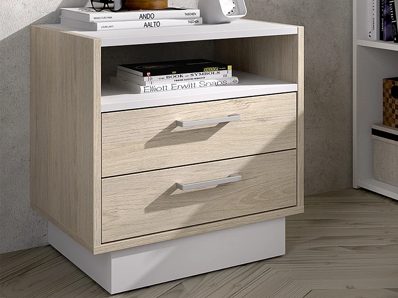 Table de chevet 2 tiroirs et 1 niche - Coloris : Naturel et blanc - LEANDRE