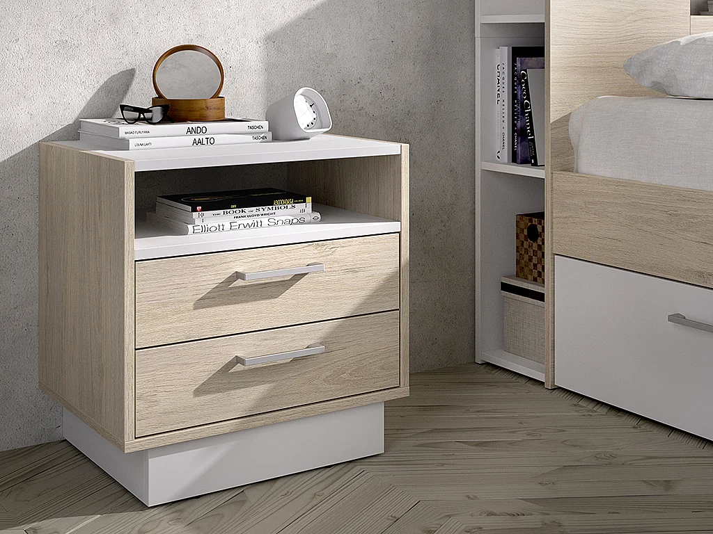 Table de chevet 2 tiroirs et 1 niche - Coloris : Naturel et blanc - LEANDRE