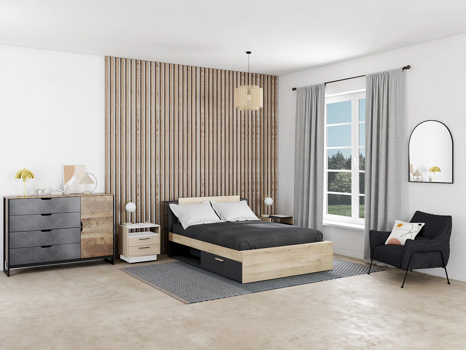 Comodino 2 cassetti e 1 nicchia Naturale e Bianco - LEANDRE