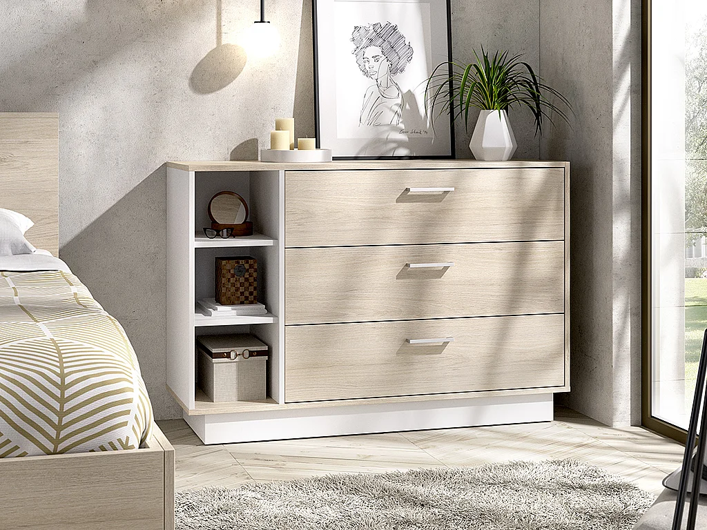 Commode 3 tiroirs et 3 niches  - Coloris : Naturel et blanc - LEANDRE