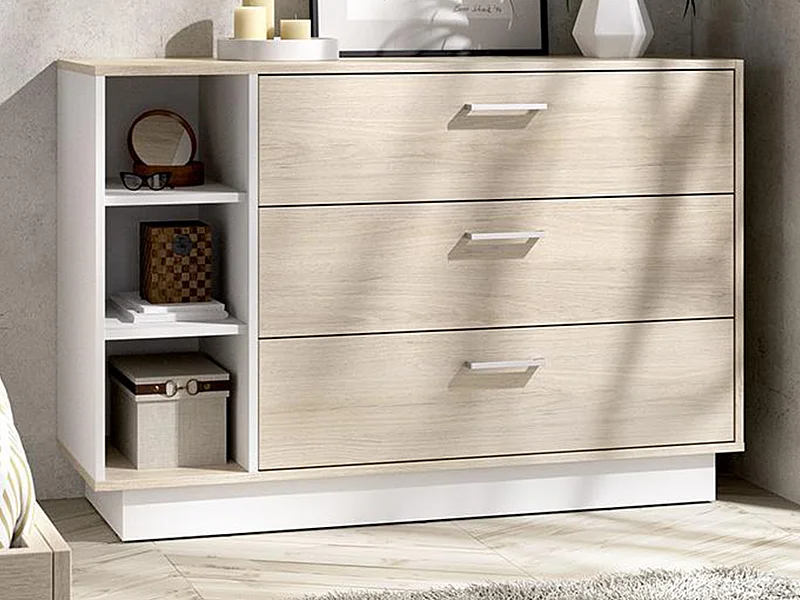 Commode 3 tiroirs et 3 niches  - Coloris : Naturel et blanc - LEANDRE