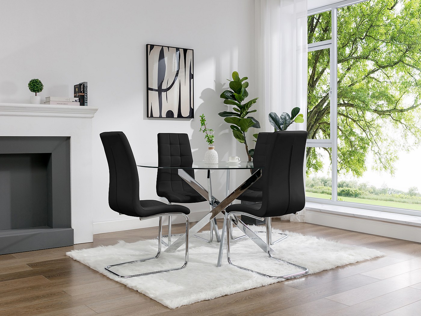 Tafelset met 4 stoelen, rond MDF blad, verguld ijzeren frame, fluwelen