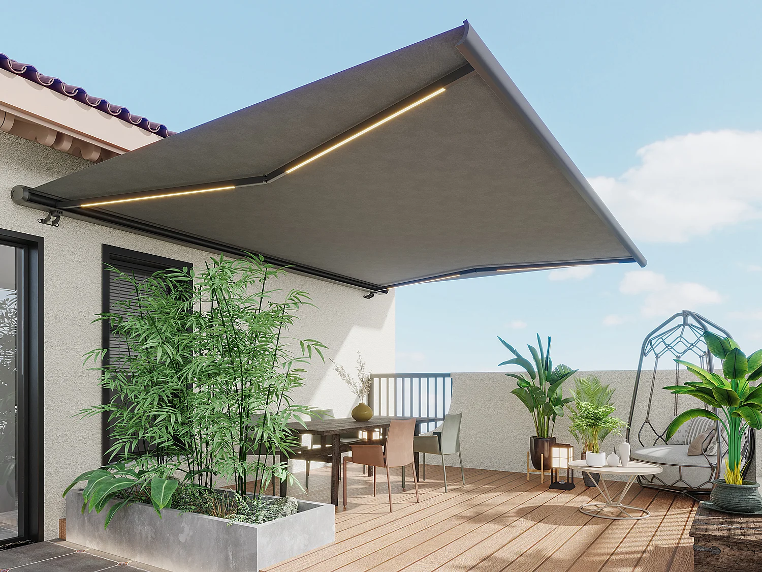 Elektrische Markise mit LED-Beleuchtung & Vollkassette - 4 x 3,5 m - Acrylstoff - Anthrazit - GALAXA