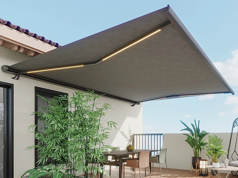 Toldo motorizado con luces LED con arcón integral 4 x 3,5 m toldo acrílico antracita - GALAXA