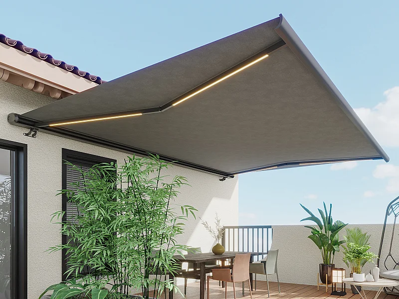 Toldo retrátil motorizado com LEDs e caixa integral 6 x 3,5 m, lona acrílico antracite - GALAXA