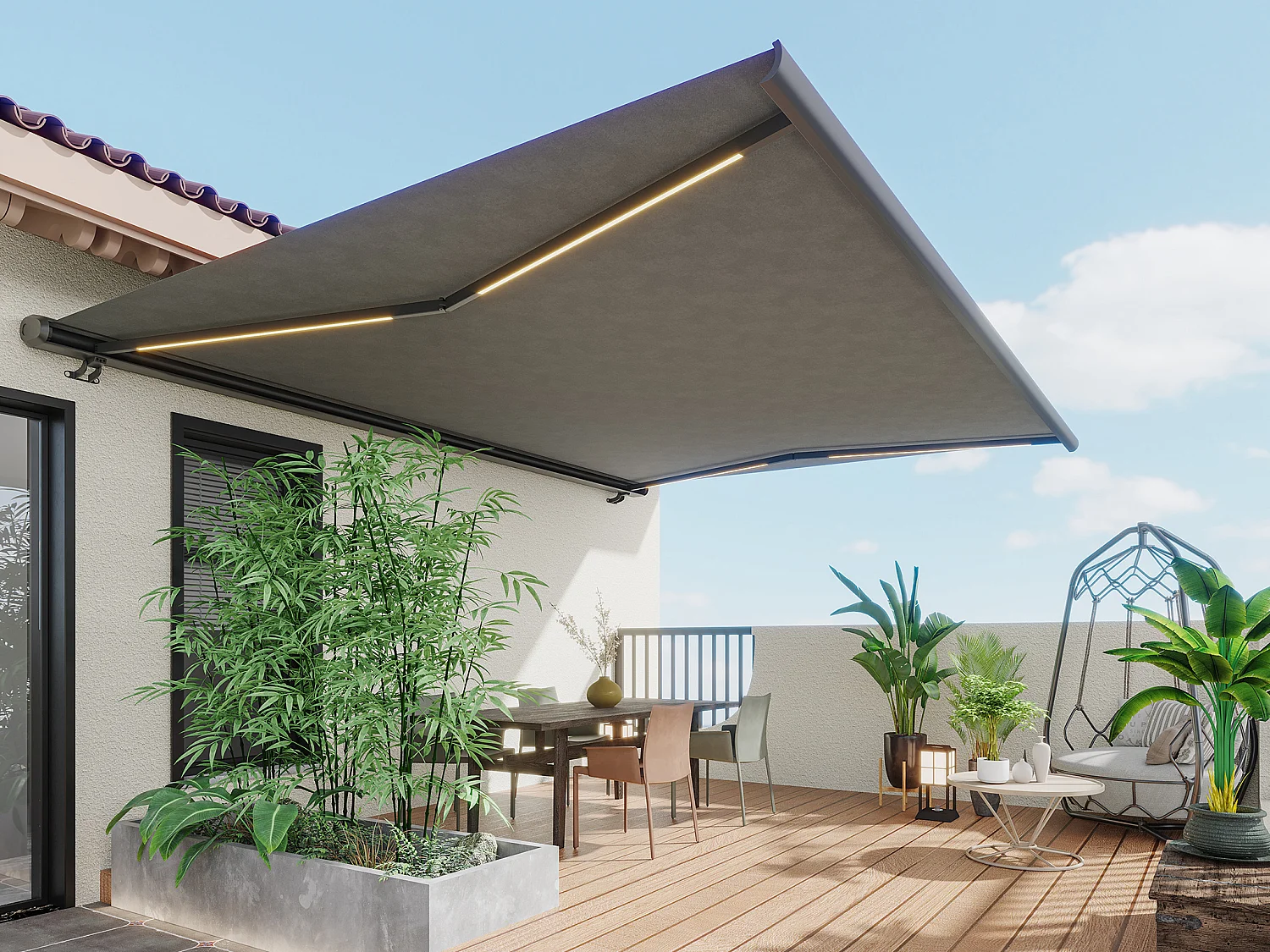 Toldo retrátil motorizado com LEDs e caixa integral 6 x 3,5 m, lona acrílico antracite - GALAXA