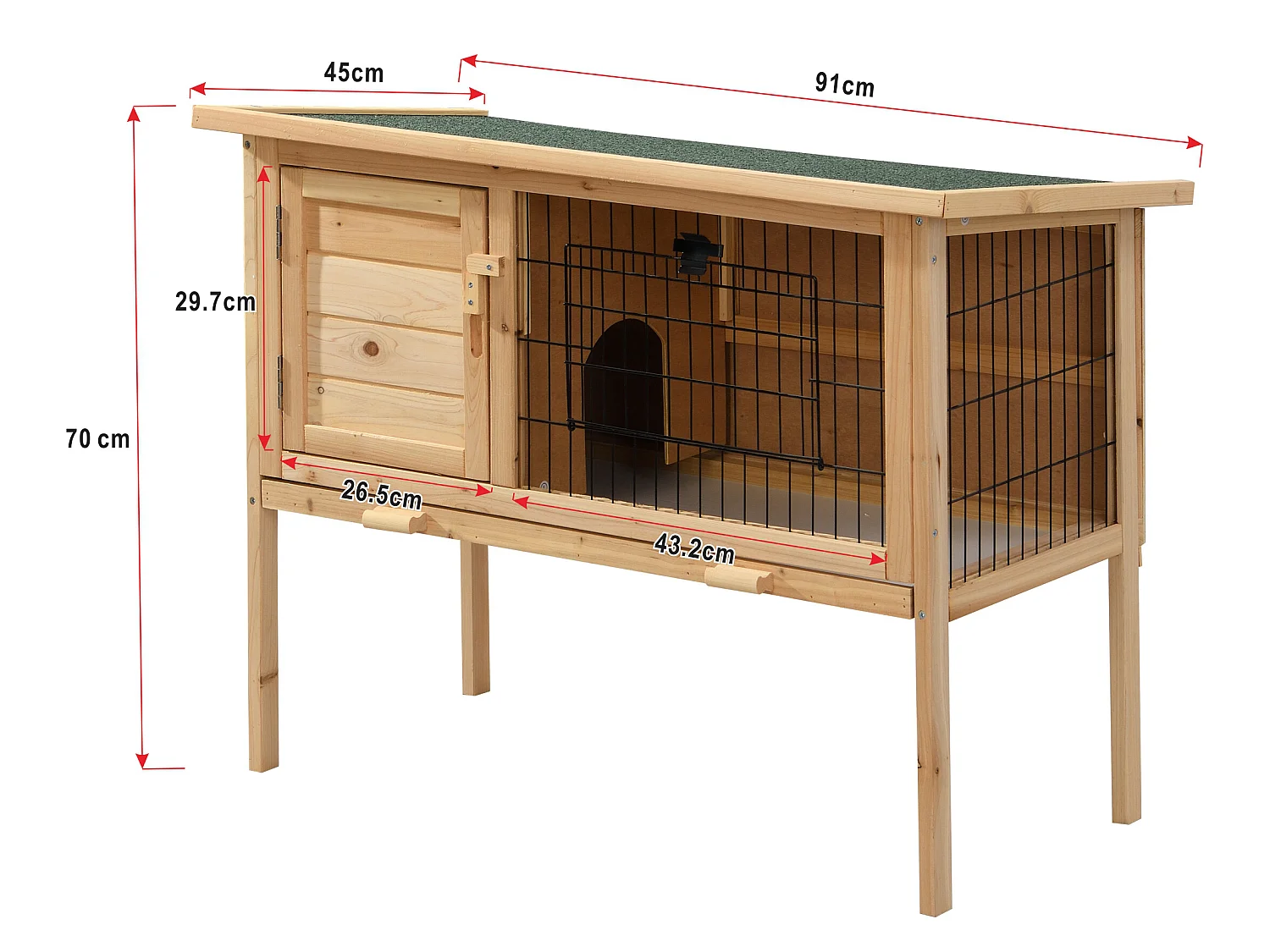 Clapier en bois sur pieds pour lapins et rongeurs - L. 91 x P. 45 x H. 70 cm - Naturel - LAPIUS