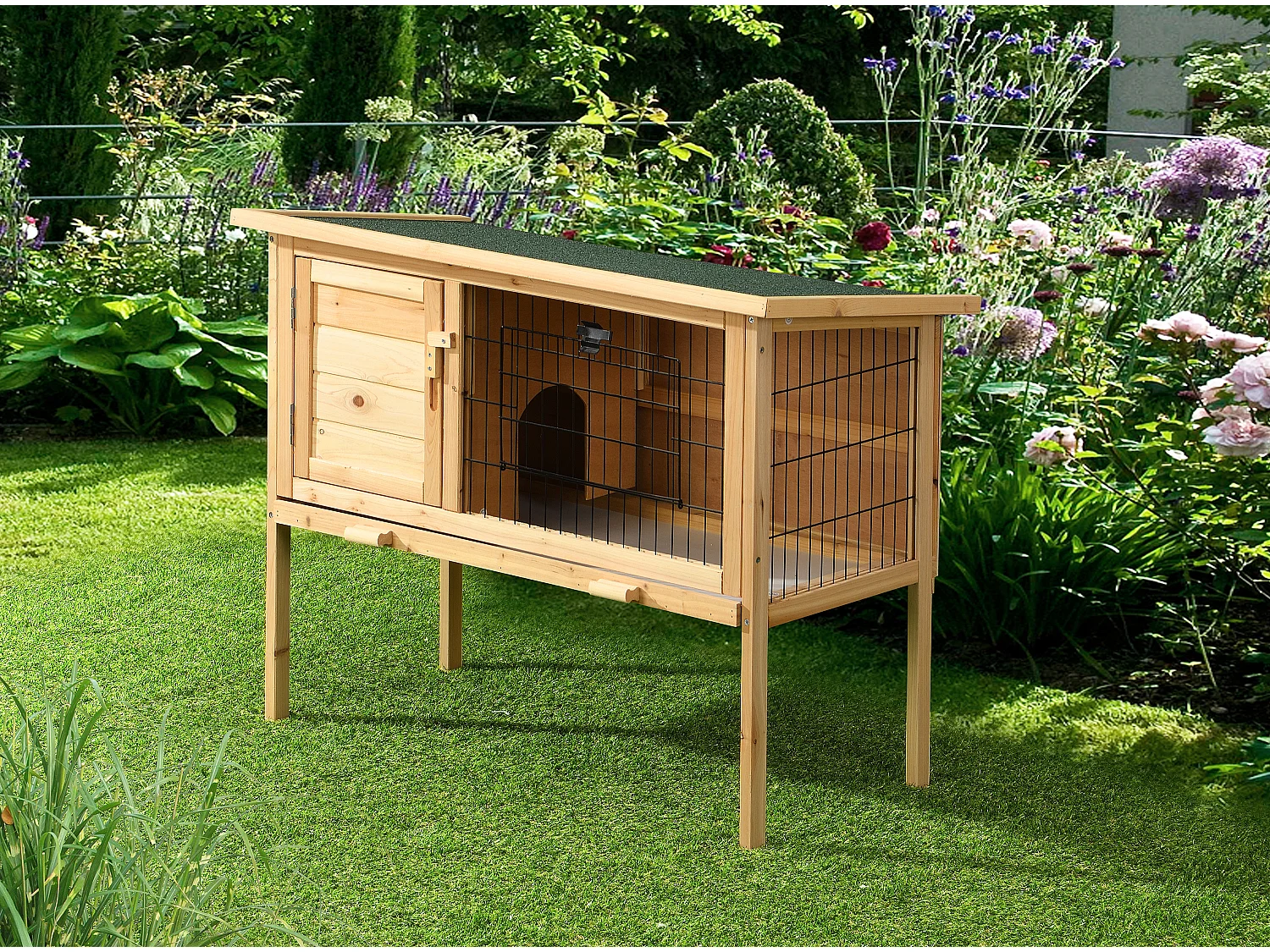 Clapier en bois sur pieds pour lapins et rongeurs - L. 91 x P. 45 x H. 70 cm - Naturel - LAPIUS