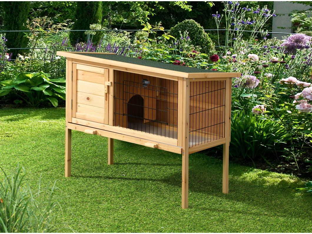 Clapier en bois sur pieds pour lapins et rongeurs - L. 91 x P. 45 x H. 70 cm - Naturel - LAPIUS