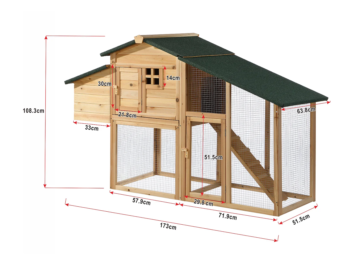 Gallinero de madera con cerca - 4 gallinas - Ancho 173 x Prof. 64 x Alt. 108 - Natural - LEVAS