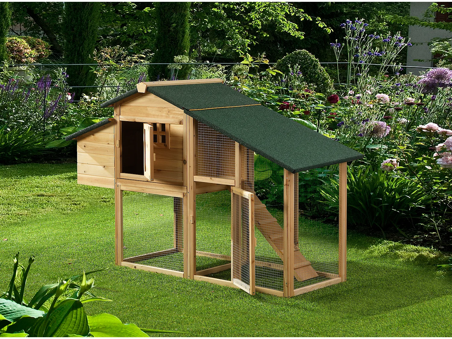 Poulailler en bois avec enclos - 4 poules - L. 173 x P.  64 x H. 108 cm - Naturel - LEVAS