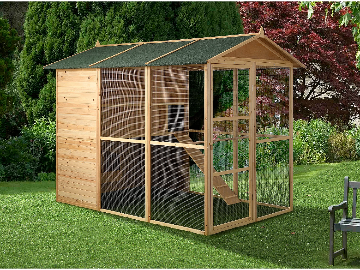 Poulailler en bois avec enclos - 10 poules - L. 266 x P. 174 x H. 205 cm - Naturel - FERAS